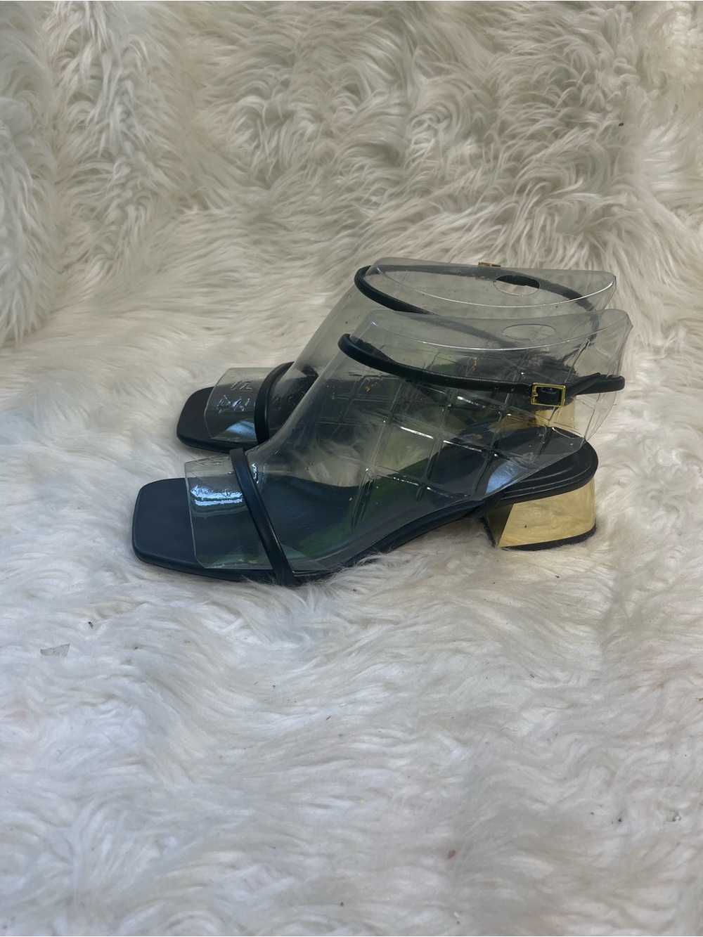 Zara leather Black Ankle-Strap Block gold tone Heel Sandals EUR SZ39.